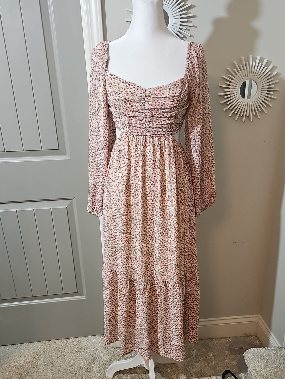 Blush Pink Long-Sleeve Floral Ruched Maxi Dress